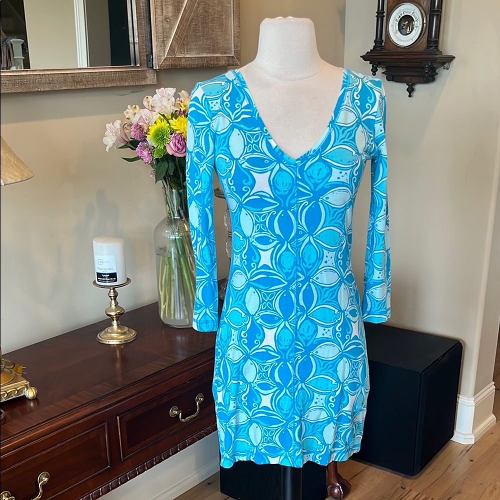 Lilly Pulitzer What a Racquet Juliet Dress Blue Fish Print 3/4 Sleeve